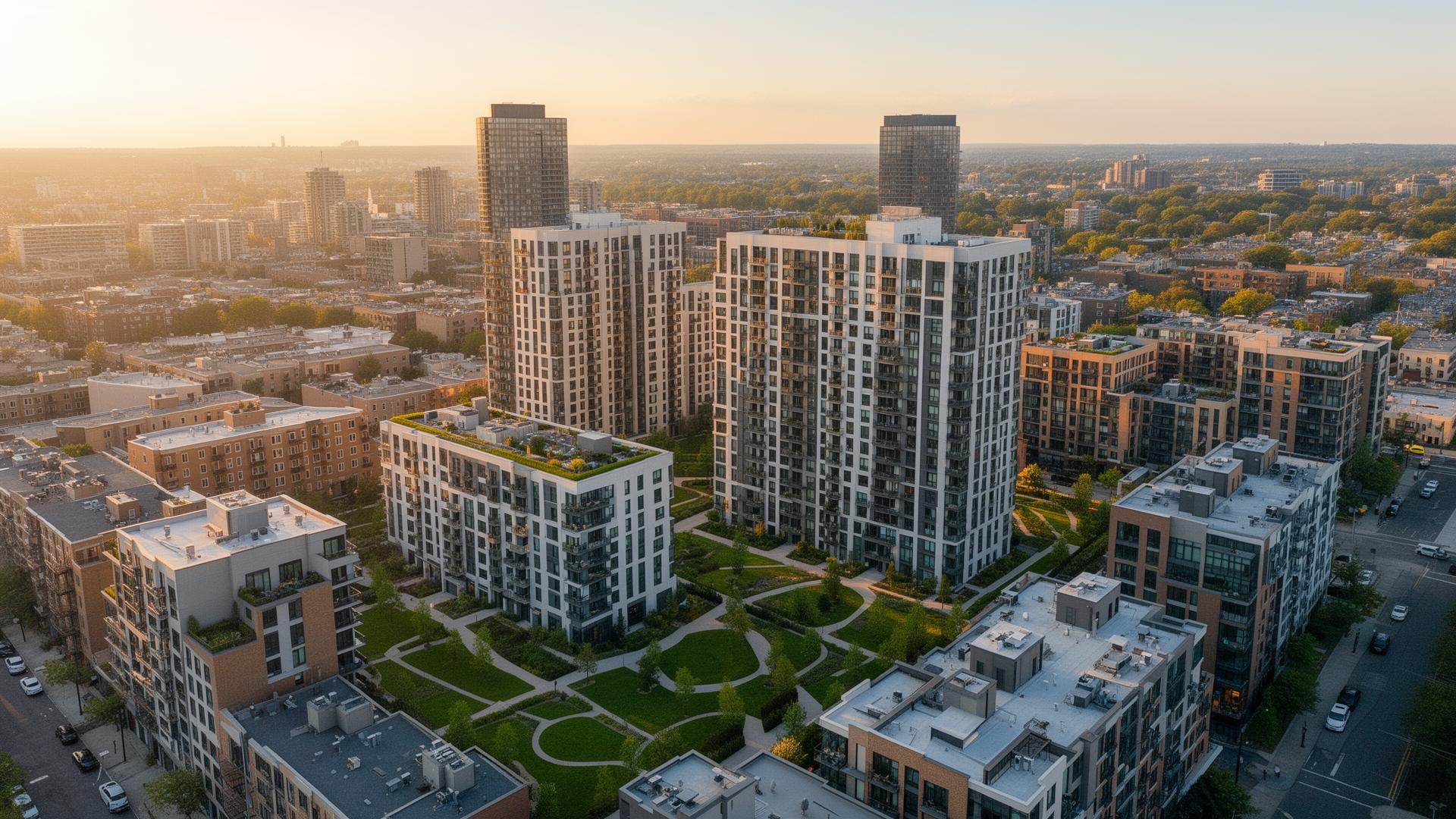 Aerial view of a multifamily community with bike paths and residents riding
