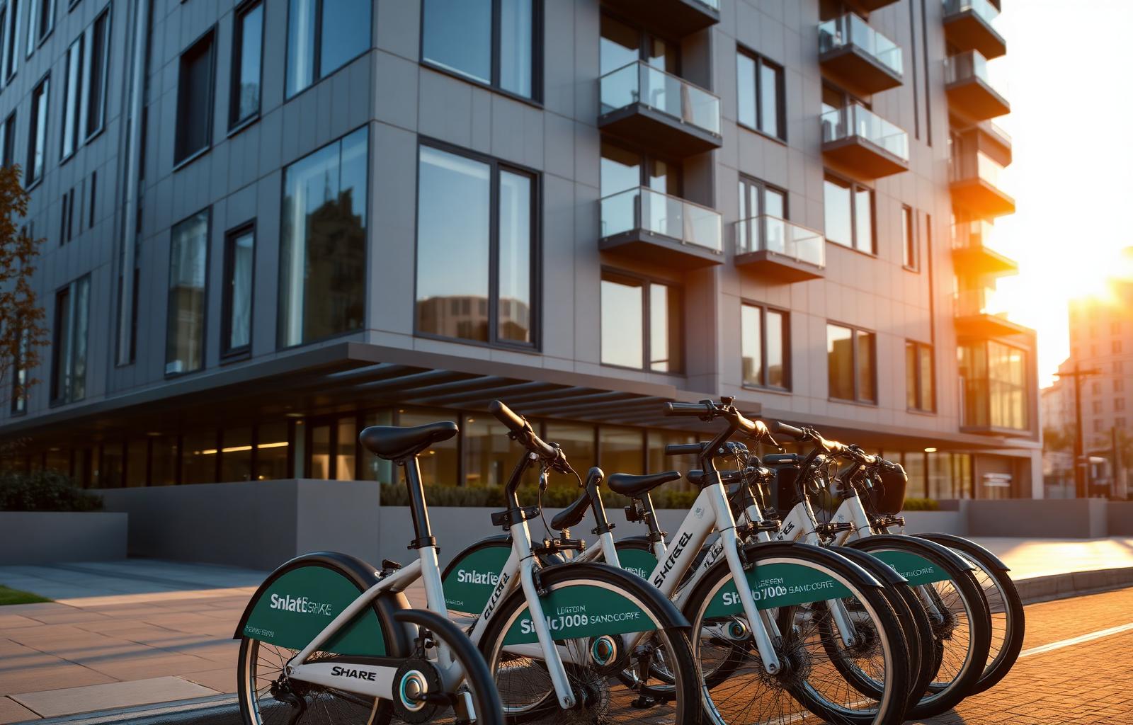 Branded Property Pedal share bikes outside a modern apartment community
